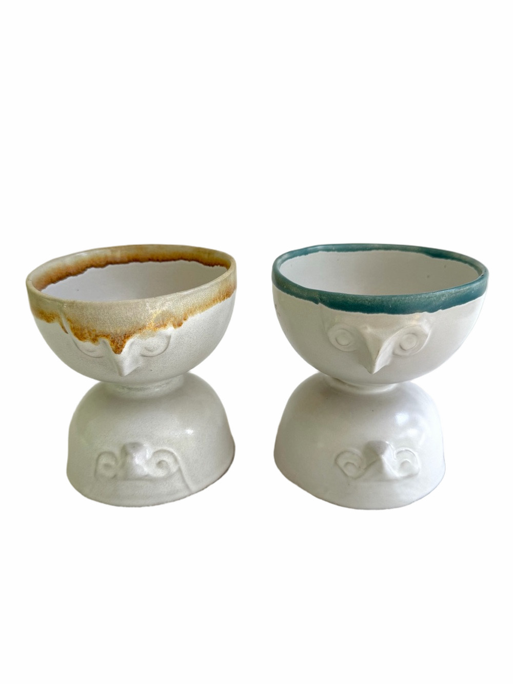 2 Vintage MCM Design Danish Ceramic Owl Faces Double Pedestal Bowls RARE